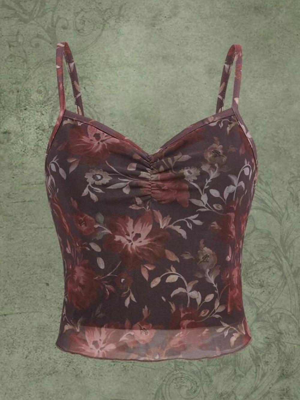ROMWE Floral Mesh Cropped Tank Top - Burgundy